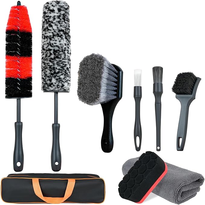 9Pcs Car Wheel Detailing Brush Kit – Scratch-Free Rim & Tire Cleaner Brushes with Tire Shine Pad, Microfiber Towel & Bag – Heavy-Duty Auto Detailing Tools for Cars, Trucks, RVs & Motorcycles