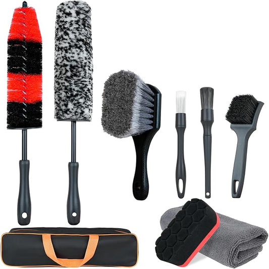 9Pcs Car Wheel Detailing Brush Kit – Scratch-Free Rim & Tire Cleaner Brushes with Tire Shine Pad, Microfiber Towel & Bag – Heavy-Duty Auto Detailing Tools for Cars, Trucks, RVs & Motorcycles