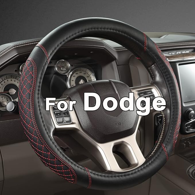 West Llama Customized Auto Car Steering Wheel Cover for Dodge 1989-2011 RAM 1500 2500 3500, Charger, Durango, Challenger (Diamond Quilted-Black+Red-Standard Size)