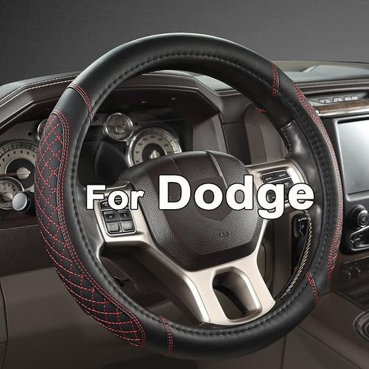 West Llama Customized Auto Car Steering Wheel Cover for Dodge 1989-2011 RAM 1500 2500 3500, Charger, Durango, Challenger (Diamond Quilted-Black+Red-Standard Size)