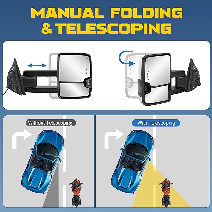 Chrome Towing Mirrors Compatible for 2014-2018 Chevy Silverado GMC Sierra 1500/2015-2018 Silverado Sierra 2500HD 3500HD Pickup w/Sequential Turn Signal White DRL Side View Mirror