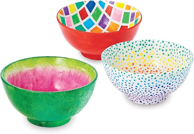 MindWare Paint Your Own Porcelain Bowls for Kids - DIY Craft Kit Makes 3 Bowls, Includes Paint and Brush