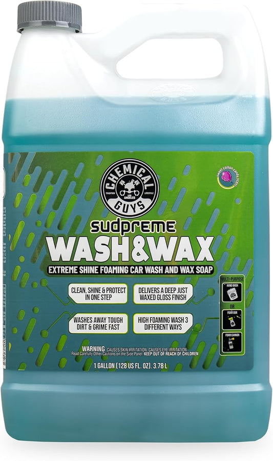 Chemical Guys Sudpreme Wash & Wax 128 oz High Suds Foaming Car Wash Soap with Carnauba Wax Shine, Deep Gloss Finish & Surface Protection Safe for Paint, Chrome & Plastic
