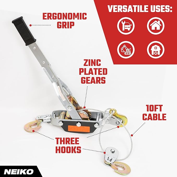 NEIKO 02254A Come Along Winch, 4-Ton (8,000lbs) Pulling Capacity, 9.8Ft, 3 Hook, Heavy Duty Power Cable Come Along Tool with Dual Gears, Hand Winch Cable, Automotive Hoist Winch Puller, Recovery Gear