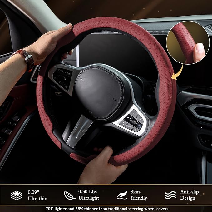 Aimato Nappa Leather Steering Wheel Cover, Ultra-Thin Car Steering Wheel Cover,Comfortable & Breathable Microfiber,Universal Fit for Most Cars,Wine Red