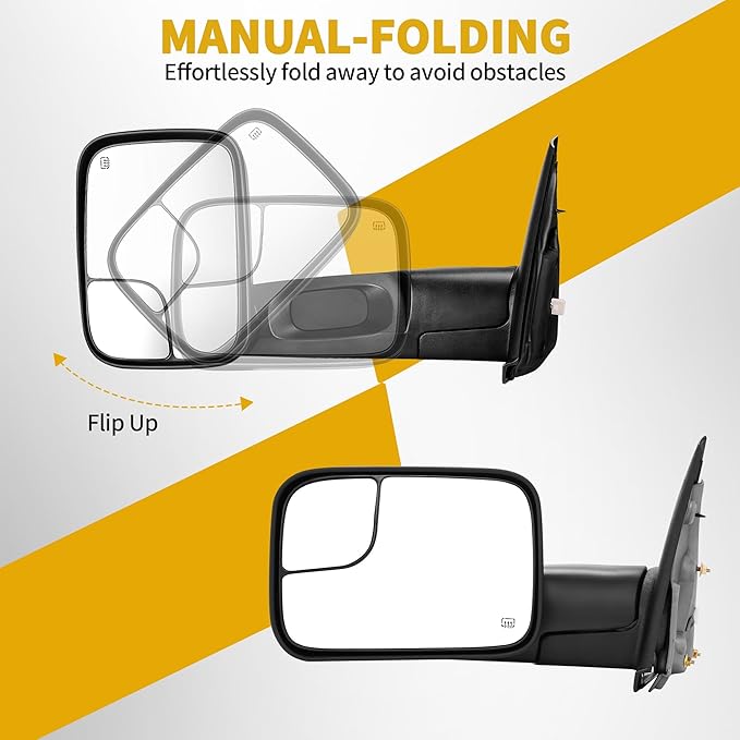 DWVO Side Towing Mirrors Compatible with 2002-2008 Dodge Ram 1500, 2003-2009 Dodge Ram 2500 3500 Pickup Truck, Power Heated Manual Folding Flip Up Pair Set