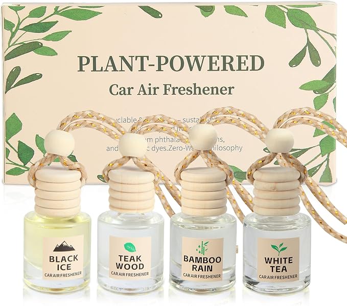 Car Air Freshener Oil Diffuser - Hanging Long Lasting Scent for Car & Home, Essential Oil Freshener with Adjustable Fragrance (Teak Wood+Black Ice+Bamboo Rain+White Tea)