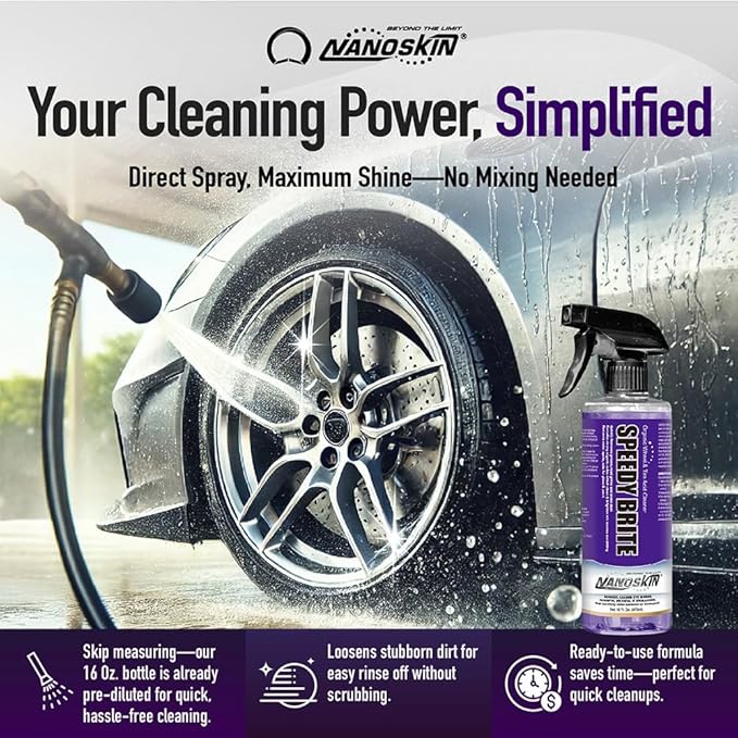 Nanoskin SPEEDY BRITE Pro Grade Wheel & Tire Acid Cleaner, 32 Oz. (2x16Oz) - Chrome & Coated Wheel Safe, Cleaning with Organic Acid | Removes Brake Dust & Road Grime for Auto Detailing, Body Shop Safe