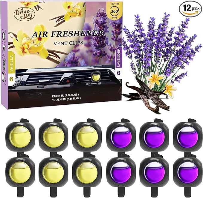 Car Air Freshener Vent Clips, 12 Pack, 6 Vanilla, 6 Lavender, Provides Long-Lasting Scent, Up to 360 Days, Car Fresheners