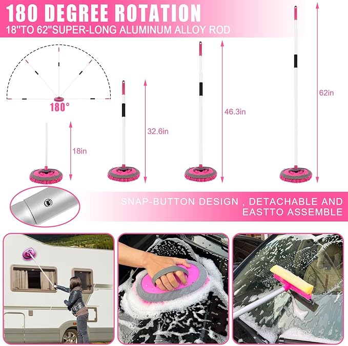 21Pcs Car Wash Kit,62" Car Wash Brush Mop with Long Handle,Car Cleaning Kit,Car Detailing Brush Set,Car Wash Bucket with Filter,Windshield Window Squeegee for Cars RV Truck Boat (Pink)