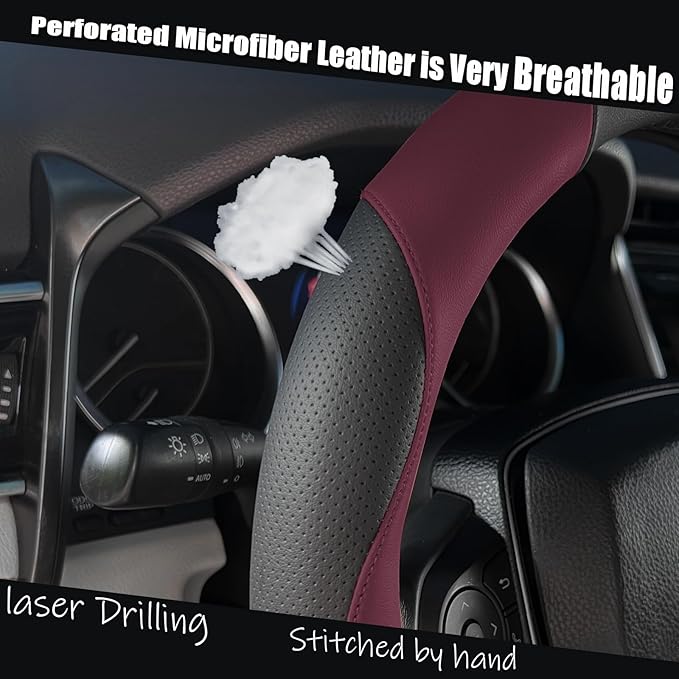 Steering Wheel Cover Universal Standard Size 14.5-15 inch, Breathable Microfiber Leather, Anti-Slip, Soft Grip, Sporty Design, Fits for Cars SUVs Trucks, Black and Burgundy