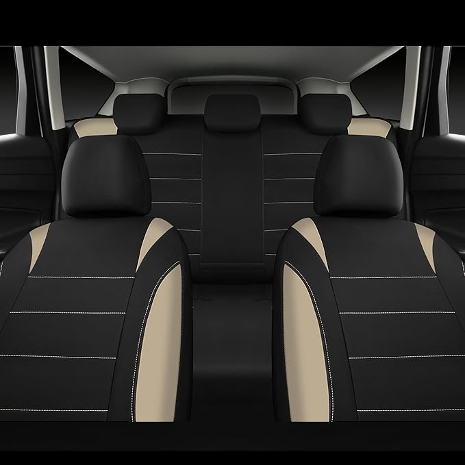 CAR PASS Waterproof Car Seat Covers Full Sets, Universal Fit Seat Covers for Cars, EVA Neoprene Seat Cover Set Full Sets, Interior Covers for Auto SUV,Vans,sedans, Trucks,(Black and Beige)