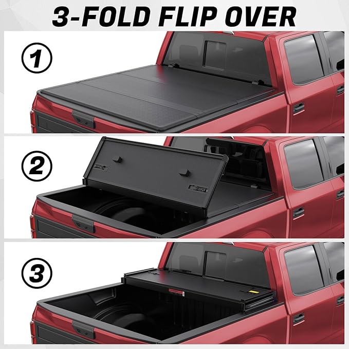 Fiberglass Hard Tri Truck Bed Tonneau Cover Compatible for 2019-2025 Chevy Silverado/GMC Sierra 1500 Fleetside 3-Fold 5.8FT 69.3Inch