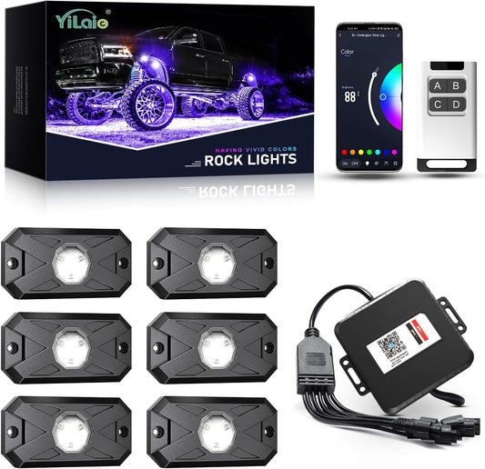 YiLaie RGB LED Rock Lights Kit, 6 Pods Underglow Multicolor Neon Light with App/RF Remote Control, Flashing Music Mode, Multicolor Wheel Well Light for Trucks ATV UTV RZR SUV Golf