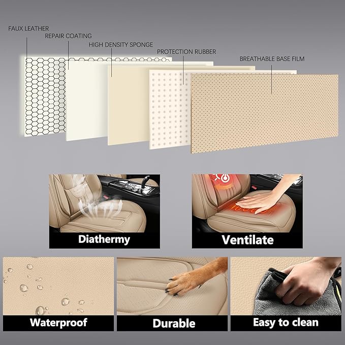 NS YOLO Full Coverage Leather Car Seat Covers for Cars,SUVs and Pick-up Trucks,Car Seat Protector,Automotive Seat Covers,Car Seat Cushion,Beige Seat Cover,Front Seat Cover for 2 Seats