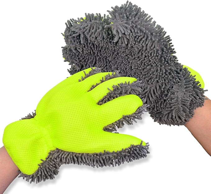 QMX Car Wash Mitt,Microfiber Scratch Free Auto Detailing Supplies for Cleaning, Washing Dusting,Thickened 5-Finger Design for Tight Spaces,Breathable Quick-Dry 2-Pack Green
