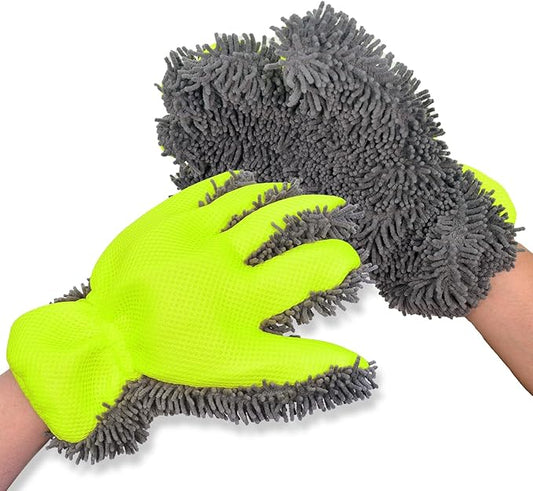 QMX Car Wash Mitt,Microfiber Scratch Free Auto Detailing Supplies for Cleaning, Washing Dusting,Thickened 5-Finger Design for Tight Spaces,Breathable Quick-Dry 2-Pack Green