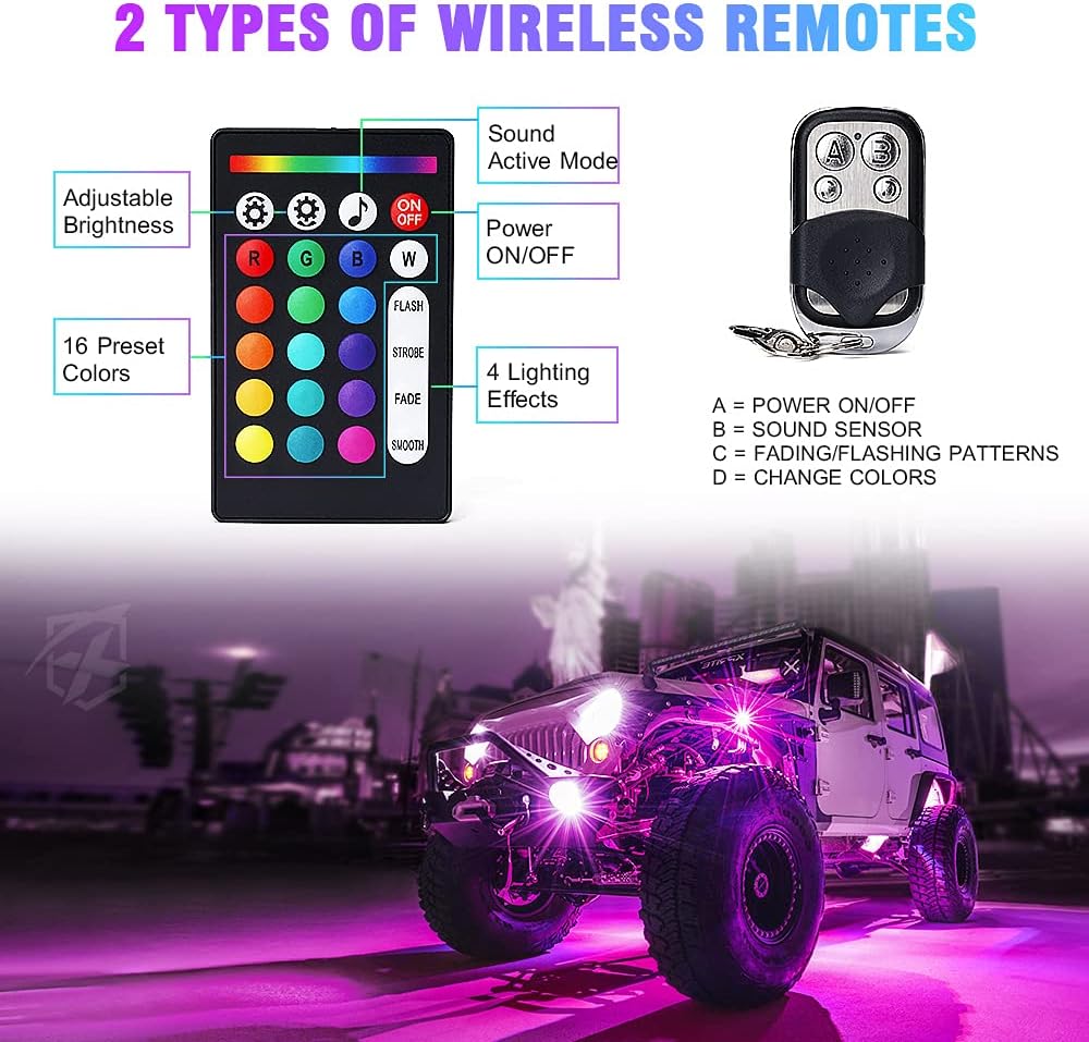 Xprite 8 Pods Rock Lights Wide Angle Bluetooth RGB Rocklights, Multicolor Neon Lighting Footwell Underglow Kits w/Wireless Remote, Compatible Jeep UTV ATV SUV RZR Off-Road Trucks Cars Boats