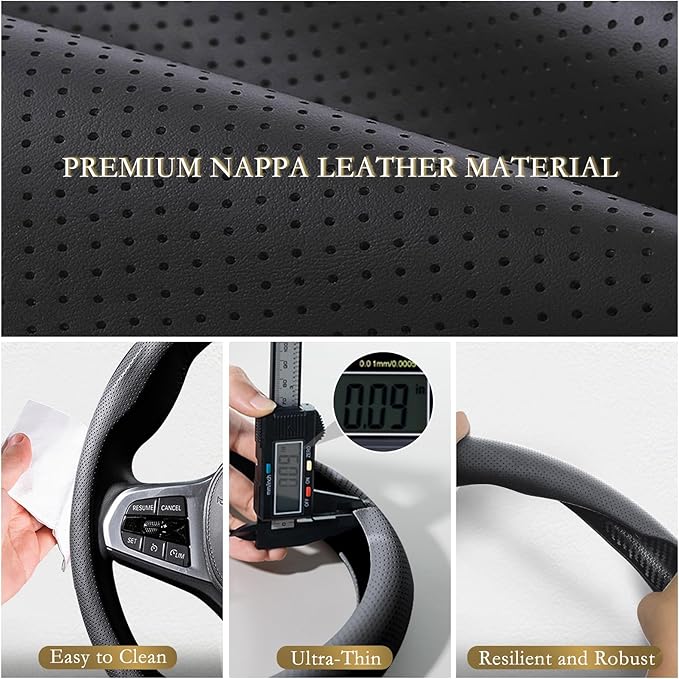 Aimato Nappa Leather Steering Wheel Cover, Ultra-Thin Car Steering Wheel Cover,Comfortable & Breathable Microfiber,Universal Fit for Most Cars, Black