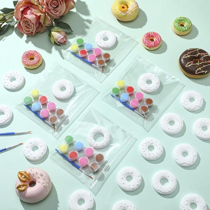 Simgoing 20 Set Dinosaur Unicorn Mermaid Donut Jungle Animal DIY Painting Kit Pumpkin Snowman Ceramic Paint Your Own Figurines Unpainted Plaster Craft for Party Favor(Donut)