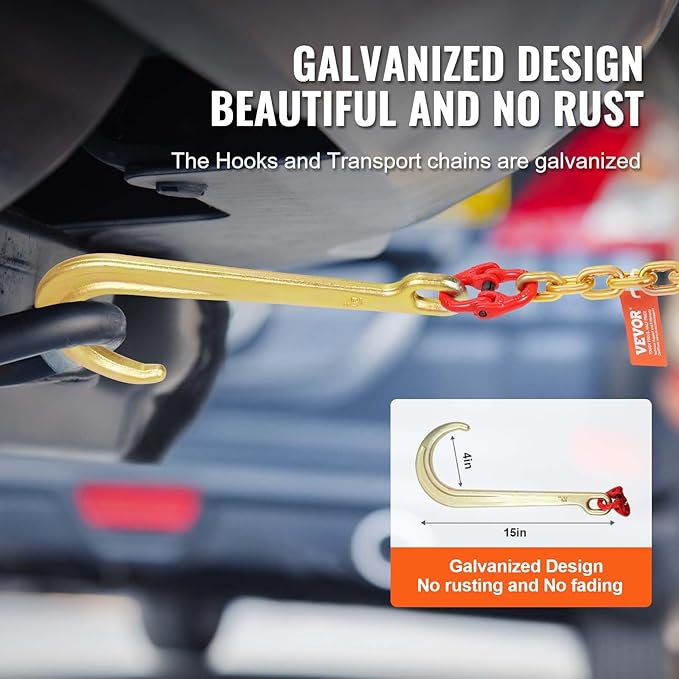 VEVOR J Hook Chain, 5/16" x 6' G80 15" Long Shank J Hook Tow Chain with RTJ Cluster Hook & Grab Hook, 5400 lbs Safe Working Load, Heavy Duty Transport Truck Chain for Wrecker Recovery Trailer Towing