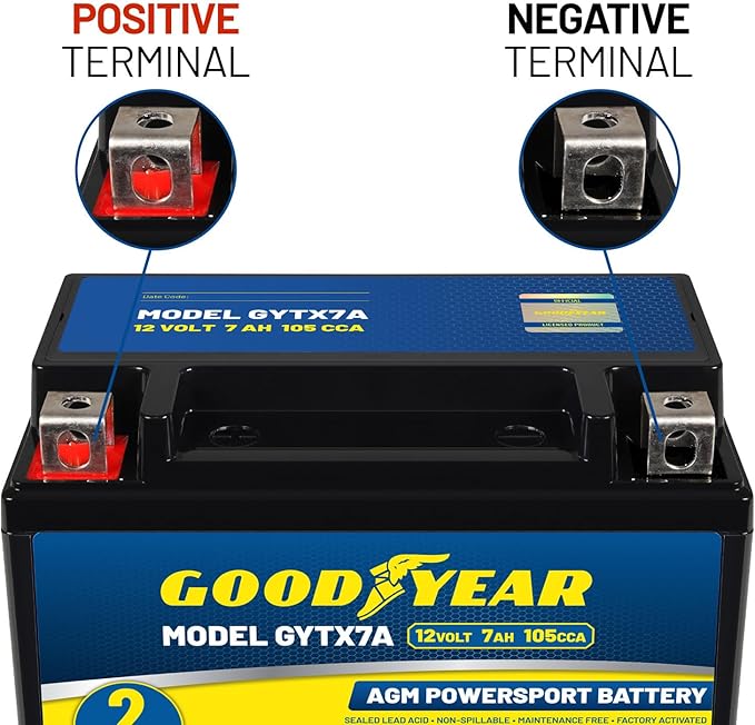 Goodyear GYTX7A -12 Volt 7 AH, 105 CCA, Rechargeable High-Performance, Maintenance Free, SLA - AGM Battery for Motorcycle, ATV, UTV, 4-Wheeler, Snowmobile, Watercraft and More!