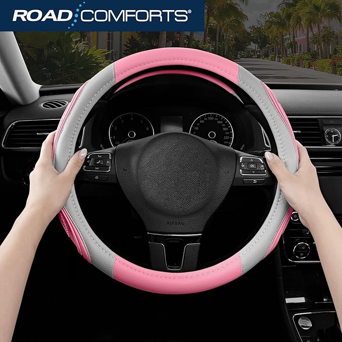 Road Comforts Car Steering Wheel Cover - Microfiber Leather Steering Wheel Wrap Sports 14.5-15 Inch Steering Wheel Cover Non-Slip for Men Women Pink & Gray Color
