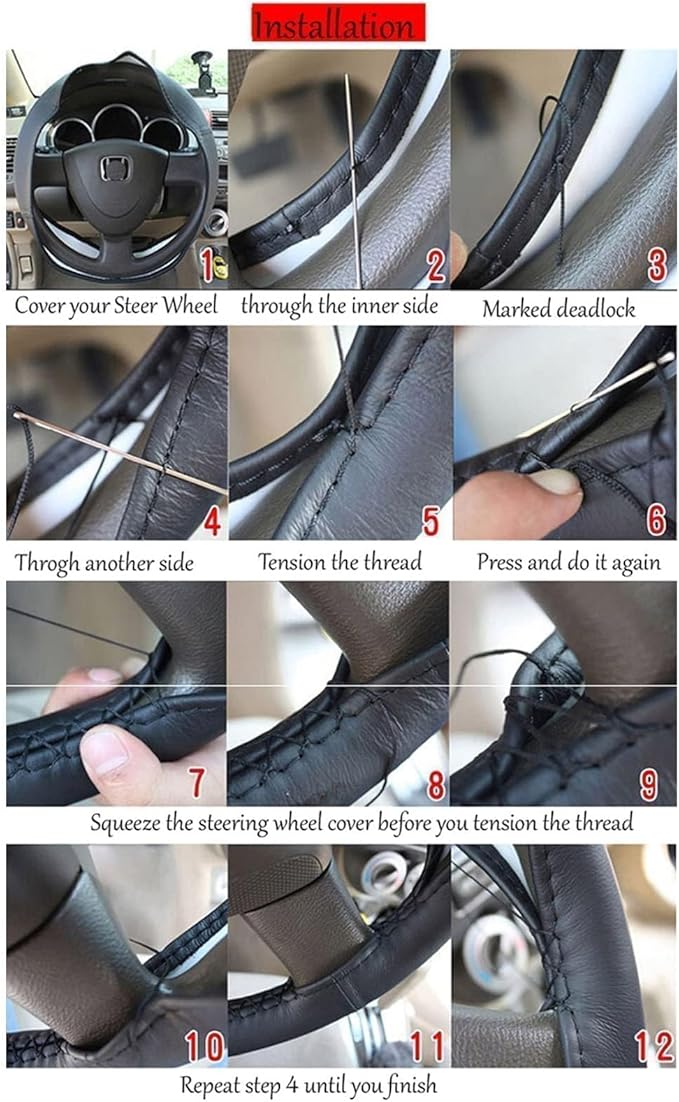 AUTOXBERT 38cm/15 Inch Hand Sewing Steering Wheel Cover Breathable Anti-Slip Leather Steering Wheel Cover for Nissan Qashqai Toyota Camry RAV4 VW Golf