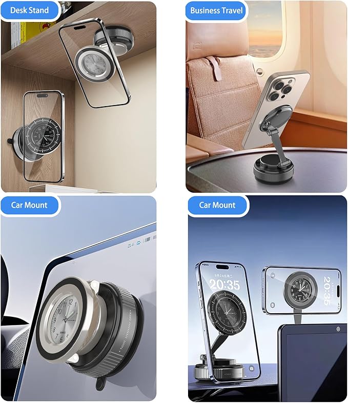 Magnetic Car Phone Holder for iPhone Magsafe, 360°Foldable Suction Cup Phone Mount, Stand for Desk with Clock Compatible with All Smartphones