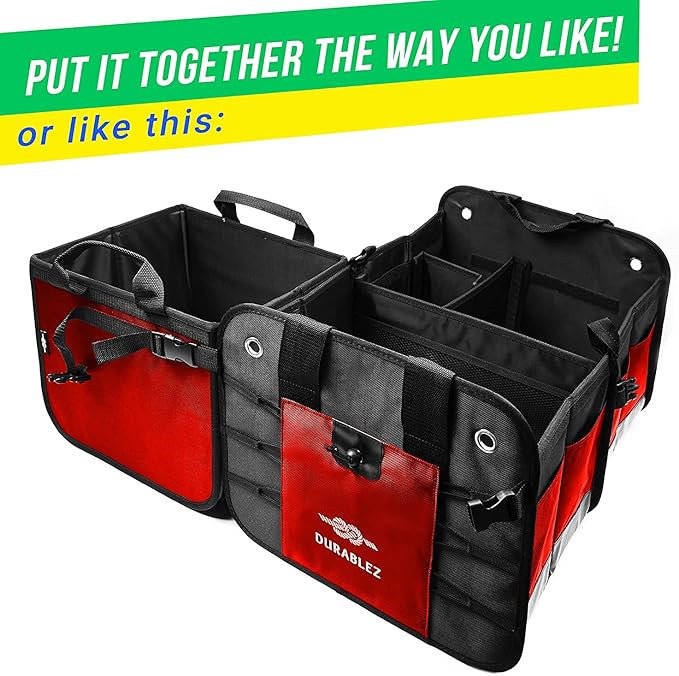 Large Car Trunk Organizer for SUV - Trunk Storage - Modular Configurable Detachable Collapsible - Minivan Truck Sedan Van - 3 Compartment XL, Red