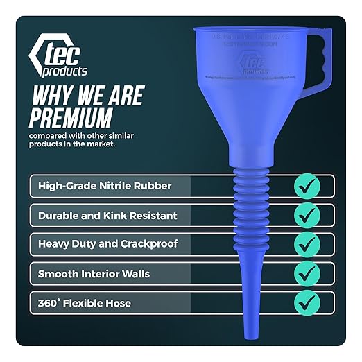 TEC Products FlexAll Long Flexible Funnel for Automotive Use - Durable Nitrile Rubber - Ideal for Car Oil Change, Transmission Funnel Fluid, Diesel, Fuel, Gas - Made in USA - Blue (16 x 5 Inches)