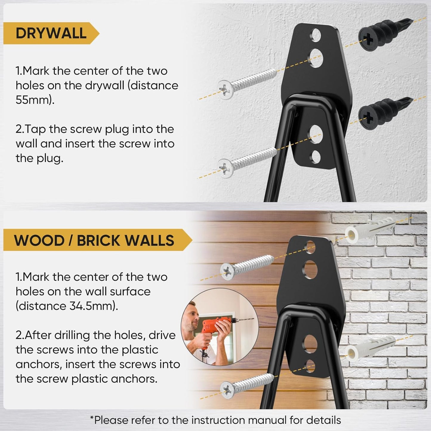 TICONN 2 Pack Heavy Duty Garage Hooks, Steel Utility Wall Storage Hooks, Wall Mount Hanger Organizer for Ladders, Bikes, Tools, Bulky Items (Large, Orange Square)