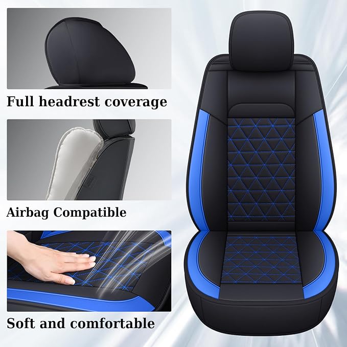 Coverado RAM Seat Cover Full Set, Leather Seat Covers Fit for Dodge RAM 1500, Truck Seat Covers Custom Fit for 2002-2025 Dodge RAM 1500 2500 3500 Crew Quad Cab with Curved Bench, Blue