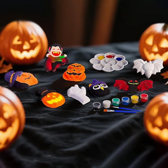 xFFFun DIY Halloween Painting Kit, 24 Set Ceramics to Paint with Unpainted Pumpkin Ghost Bat Ready to Paint Ceramics for Classroom Activity Halloween Gifts Party Decor