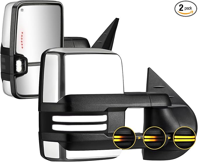 Switchback Towing Mirrors Chrome for 2007-2013 Chevy Silverado Suburban Tahoe Avalanche GMC Sierra Yukon with Power Glass Dynamic Turn Signal Light Backup Lamp Heated Extendable Pair Set