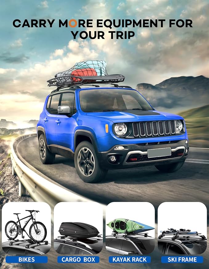 Lockable Roof Rack Cross Bars 220lbs Compatible with 2015-2024 Jeep Renegade (with Raised Side Rails), Heavy Duty Aluminum Roof Rails Crossbars Cargo Canoe Black Rooftop Cargo.