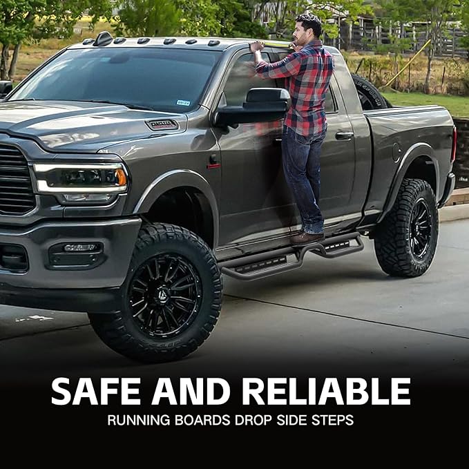 Crew Cab Running Boards Side Steps Compatible for 2009-2018 Dodge Ram 1500, 2019-2024 1500 Classic, 2010-2024 Dodge Ram 2500 & 3500 CrewCab, Bolt-on Nerf Bar, Two Stairs Design-Star Logo