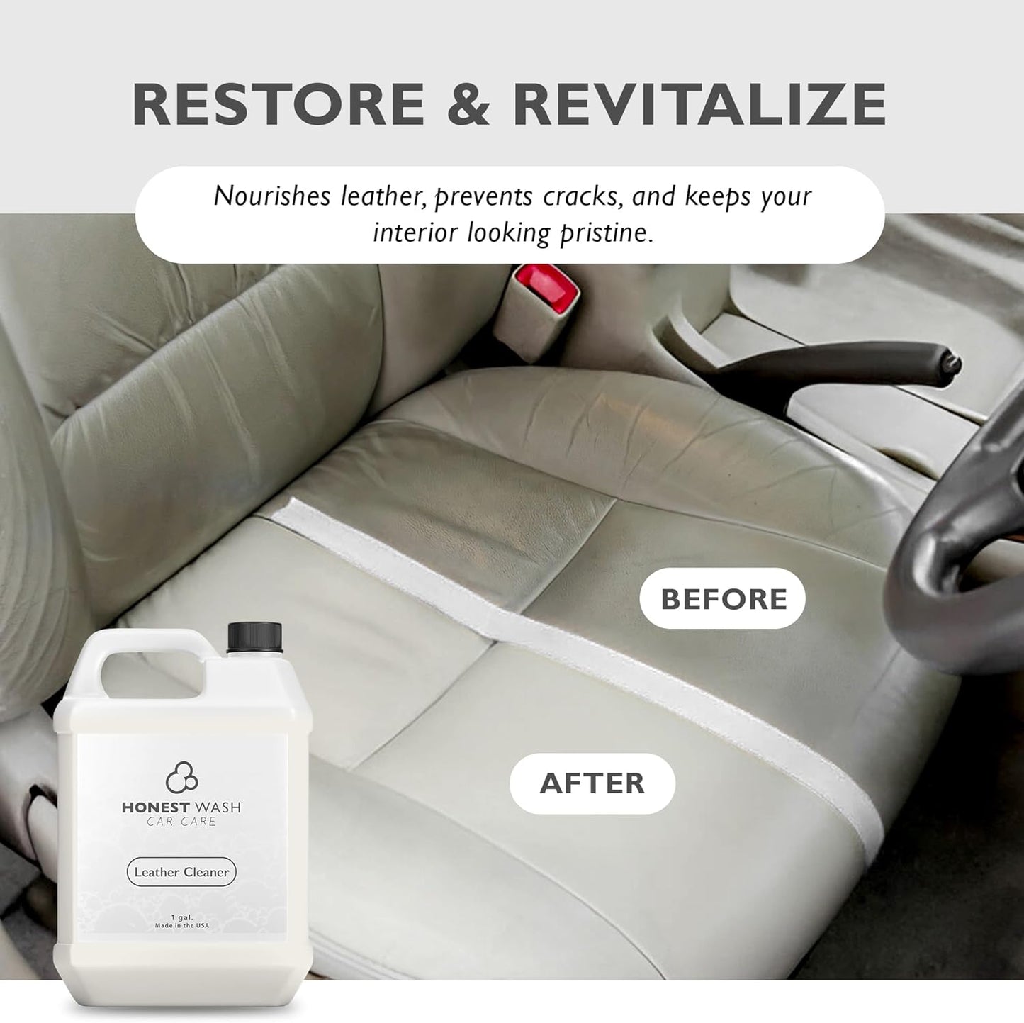 Honest Wash Car Leather Cleaner – Cleans, Conditions, & Restores Leather | Replenishes Natural Oils and Prevents Cracking | Non-Greasy Formula for Seats, Panels, & More | Made in The USA (128 Fl Oz)