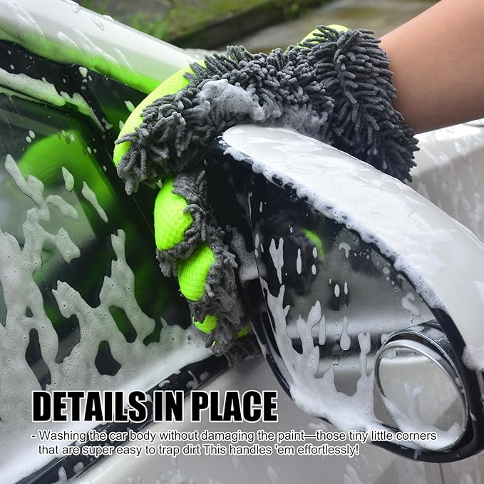 QMX Car Wash Mitt,Microfiber Scratch Free Auto Detailing Supplies for Cleaning, Washing Dusting,Thickened 5-Finger Design for Tight Spaces,Breathable Quick-Dry 2-Pack Green