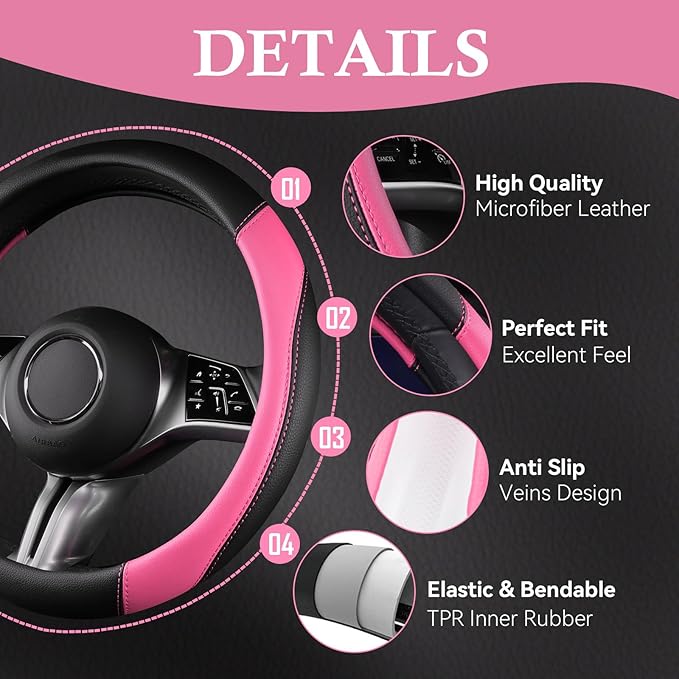 CAR PASS Faux Leather Steering Wheel Cover and Waterproof Car Floor Mats,Universal Car Combo Fit for 95% Sedan,SUV,Cars,14.5-15inch Sporty Anti-Slip Safety Comfortable Design(Black＆Pink)