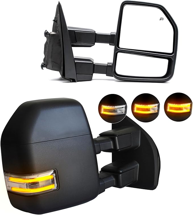 BOOLEE Towing Mirrors fit for 2017-2020 Ford F250 F350 F450 F550 Super Duty Turn Signal Light Dynamic Signal Light Temp Sensor Heated Power Puddle Lamp Auxiliary Light Black Tow Mirrors LH RH