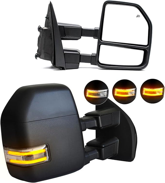 BOOLEE Towing Mirrors fit for 2017-2020 Ford F250 F350 F450 F550 Super Duty Turn Signal Light Dynamic Signal Light Temp Sensor Heated Power Puddle Lamp Auxiliary Light Black Tow Mirrors LH RH