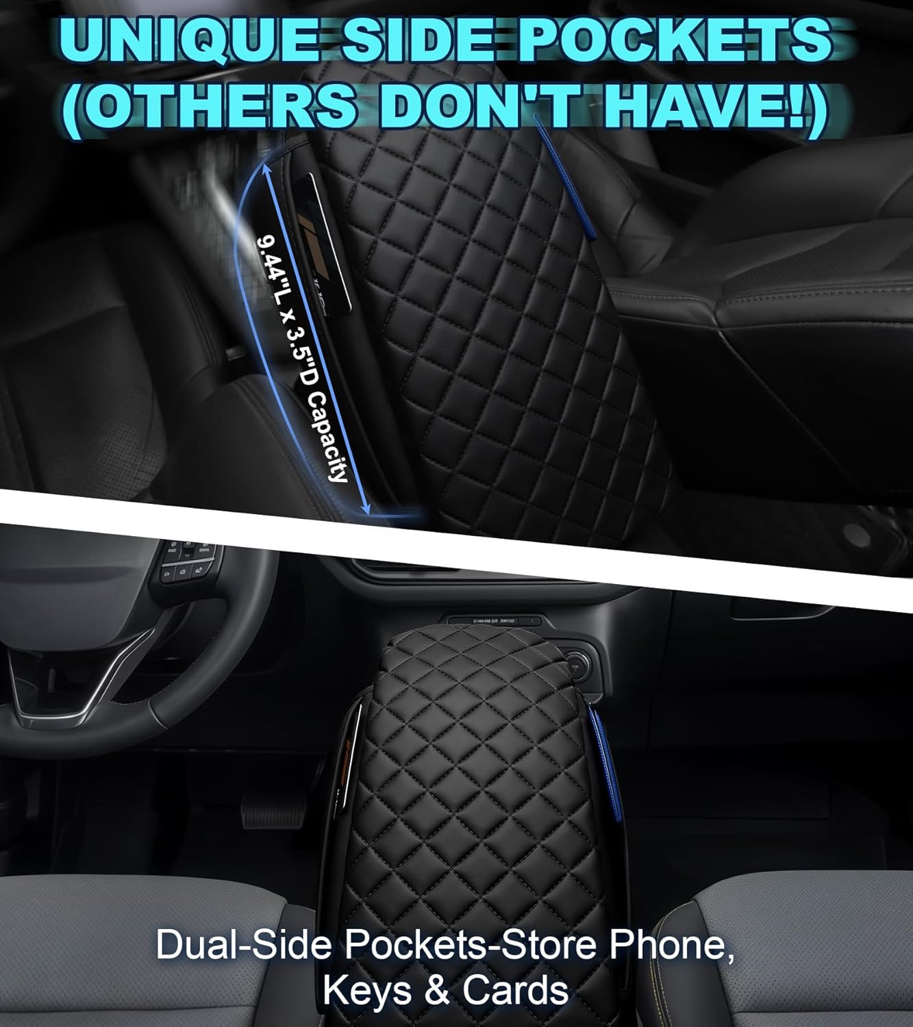 Armrest Cover for Ford Bronco Sport 2021-2025 Center Console Pad with Organizer Storage Pockets, Black Faux Leather Arm Rest Lid Protector Cushion Interior Accessories 2/4 Door(for Bronco Sport)