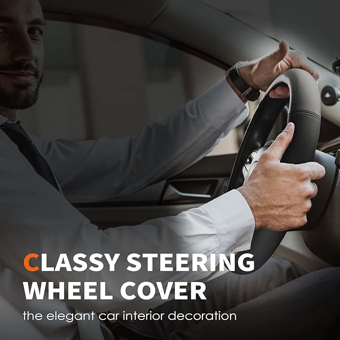 HOTOR Car Steering Wheel Cover - Universal Car Accessory for Diverse Cars, Leather Cover with Anti-Slip Lining, for Steering Wheel with a Diameter of 15.5"-16",Black