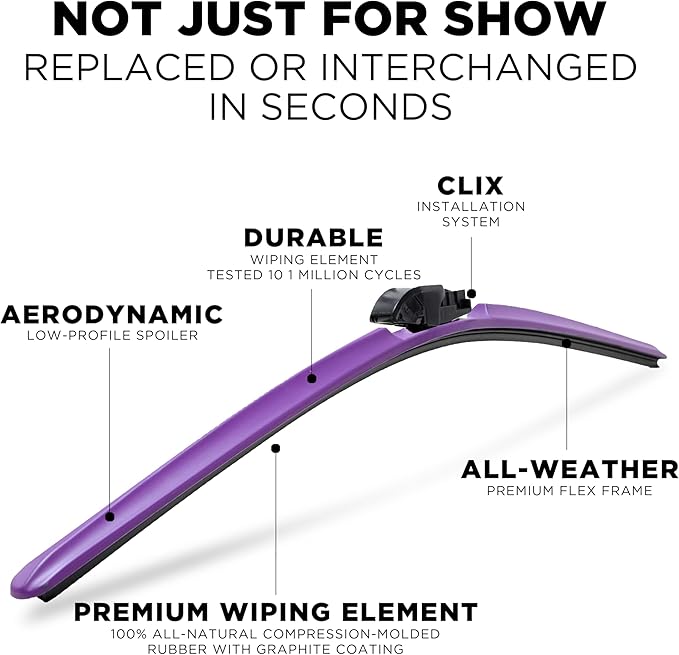 Clix Wipers - Jeep Wrangler & Gladiator (16"/16") Purple Windshield Wiper Blades (All Wrangler & Gladiator Models), All-Weather Replacement Wipers-Set of 2, Includes Quick Connect Clips (1997-2025)