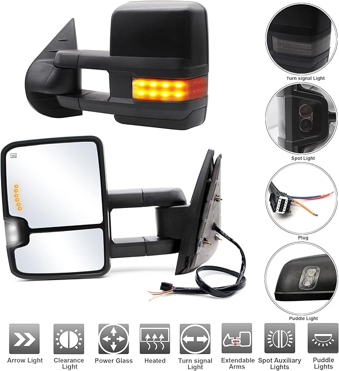 ReYee Towing Mirrors fit for 2007-2014 Chevy Silverado 1500 2500 3500 Tahoe Suburban GMC Yukon Sierra with Power Heated Turn Signal Light Arrow Signal On Glass Manual Telescoping Folding Black Cap