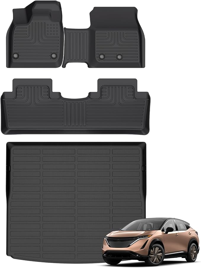 Floor Mats & Cargo Liner for Nissan Ariya 2023-2025 All Weather Automotive TPE Liners Set Anti-Slip Waterproof Floor Liners Accessories (Car Mats+Trunk Mat) Black