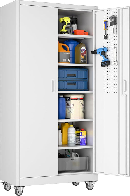 Garage Storage Cabinet with Pegboard and 5 Adjustable Shelves, 71'' x 32'' x 16''Metal Lockable Cabinet with Magnetic Doors,Tool Storage,Home Office Garage,Gym,School(White)