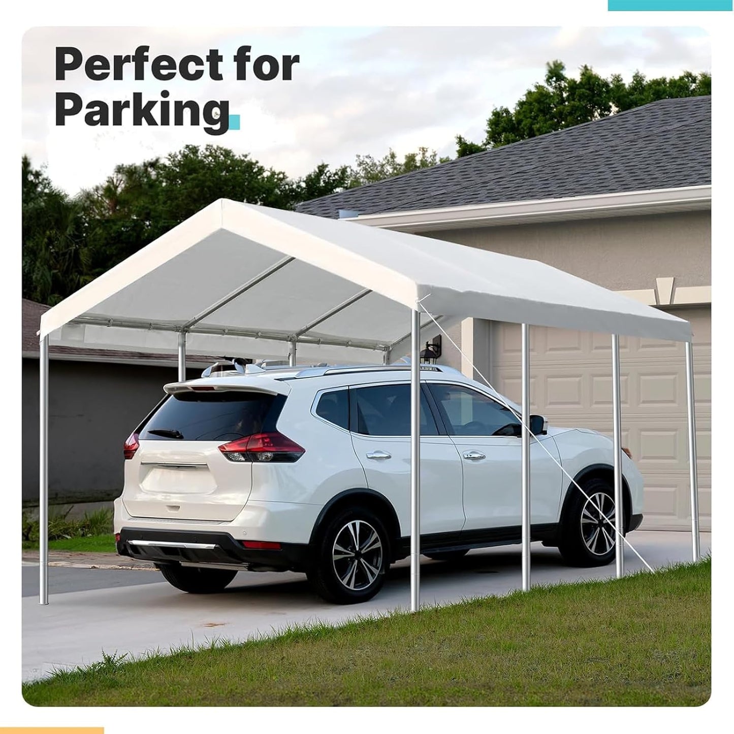 Upgraded Carport Replacement Canopy Cover for 10’ x 20‘ Car Tent Top Garage Shelter Cover Tarp with Ball Bungees (Only Top Cover, Frame Not Include) White