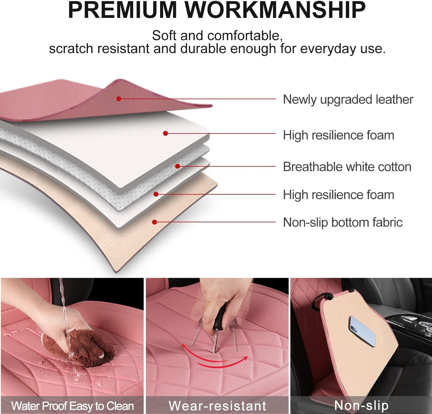 1 Pack Leather Front Car Seat Cover, Universal Sideless Car Seat Protector with Storage Pocket and Seat Belt Pad, Waterproof Automotive Seat Cover Cars Trucks SUV(Pink)